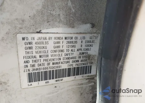 2007 Acura Rl from USA, damaged, VIN JH4KB16667C003691